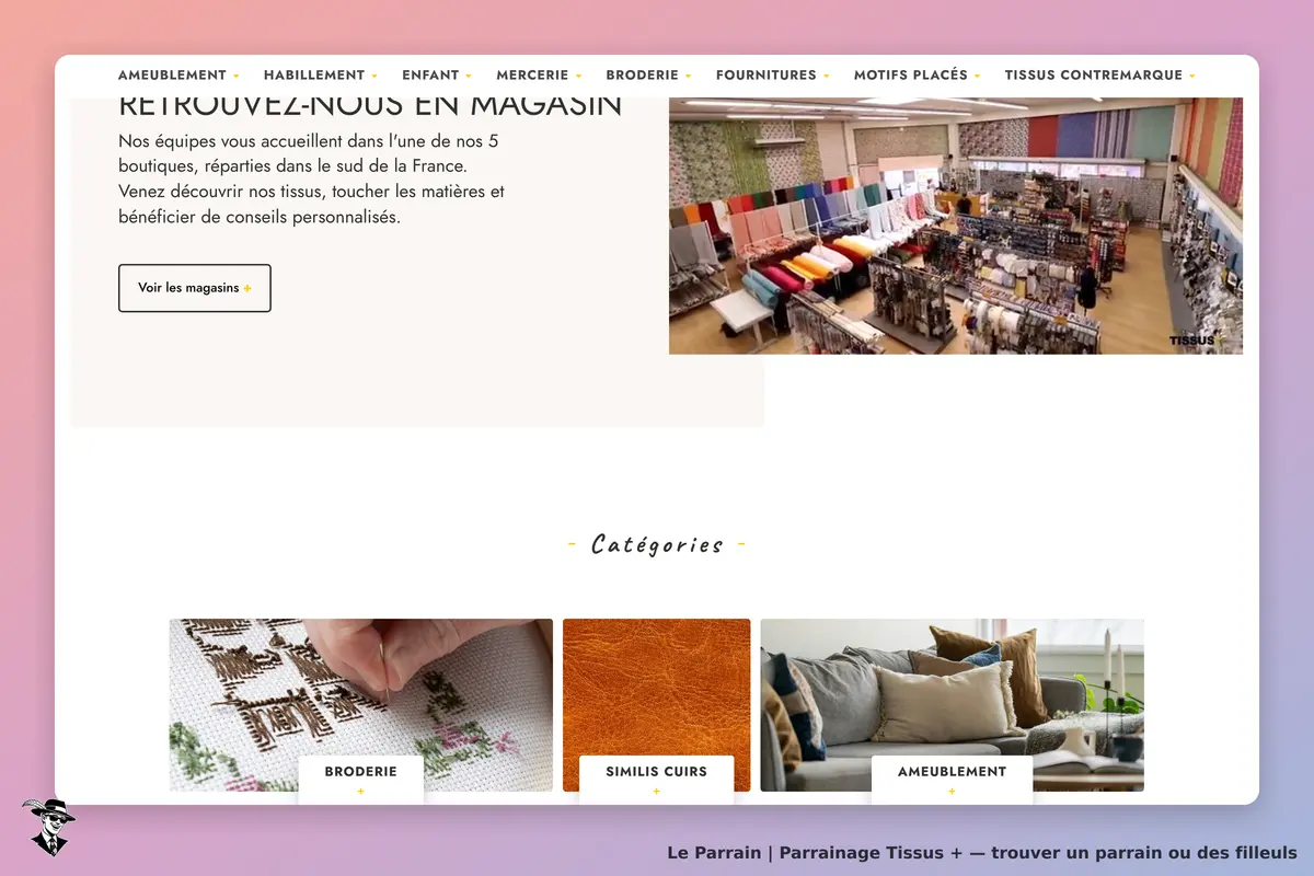 Tissus + : page d'accueil avec un aperçu de magasin et des catégories de produits en bas
