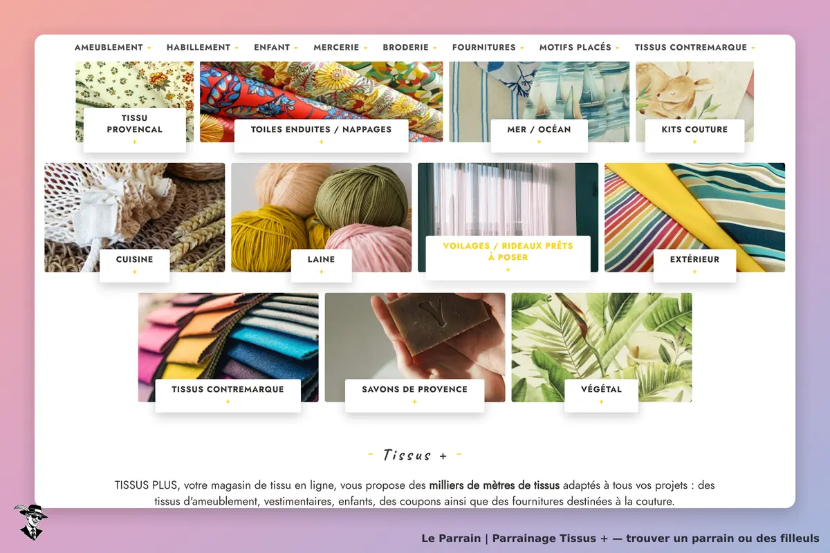 Tissus + : page d'accueil avec catégories de tissus et images de produits variés