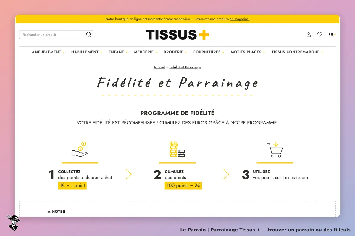 TISSUS + : page sur le programme de fidélité avec étapes de collecte et d'utilisation des points