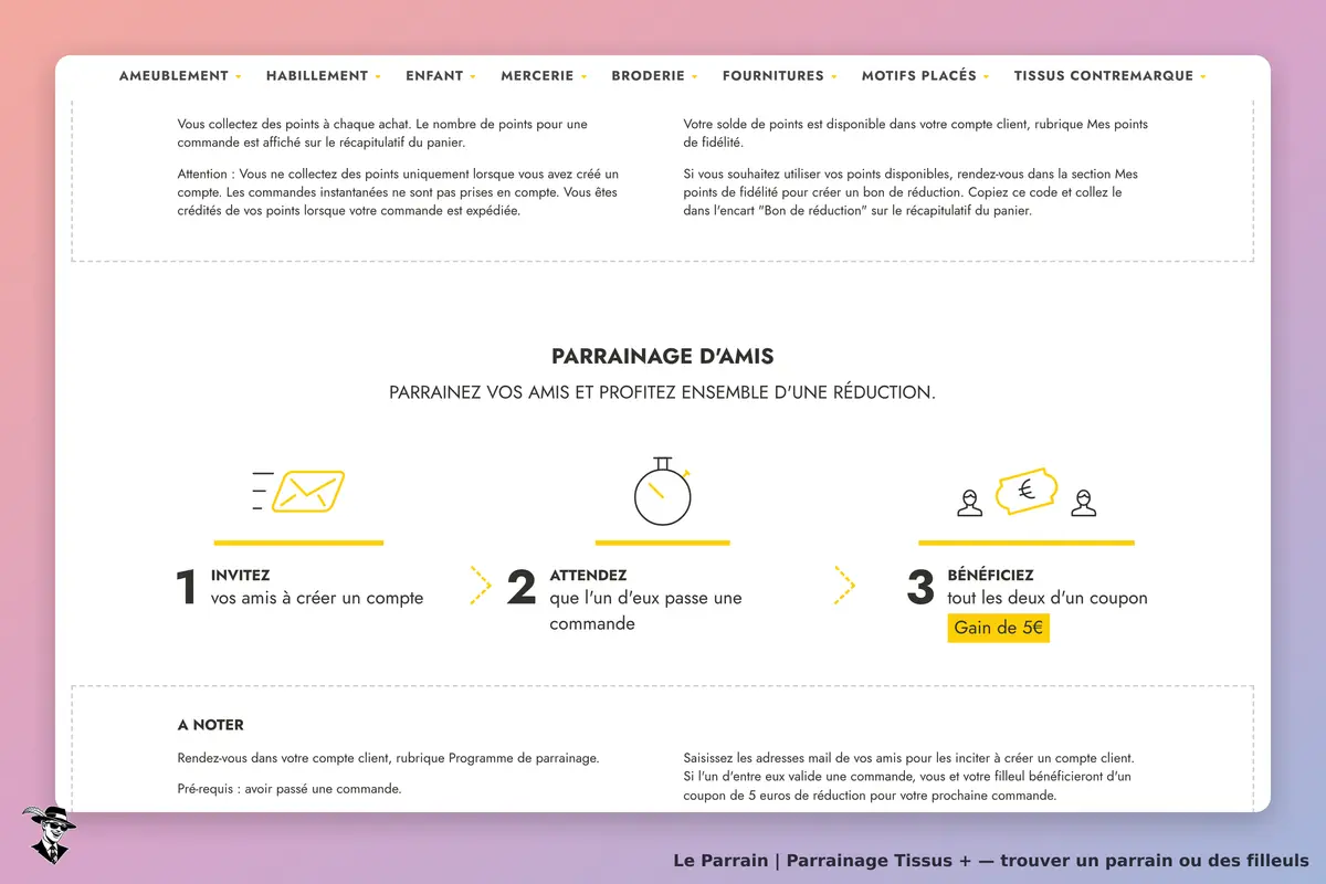 Tissus + : section de parrainage d'amis avec étapes et illustrations explicatives