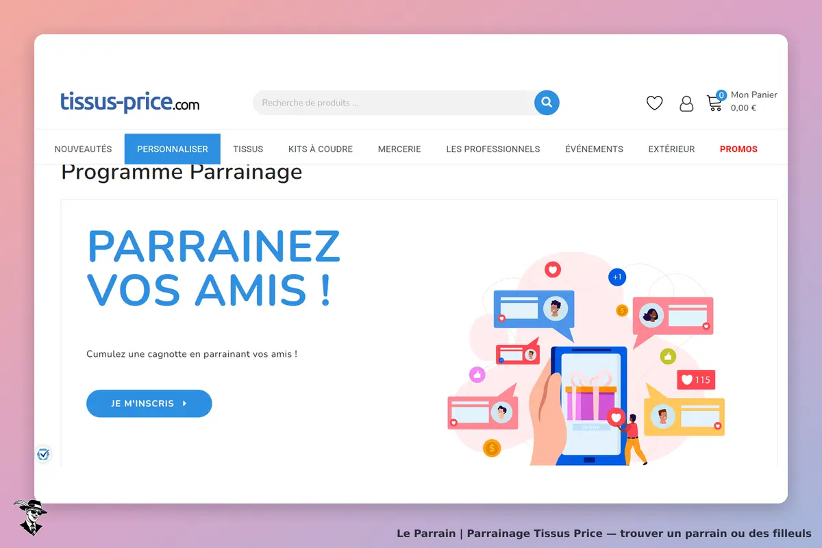 Tissus Price : tissus-price : page d'accueil sur le parrainage avec illustration de partage et