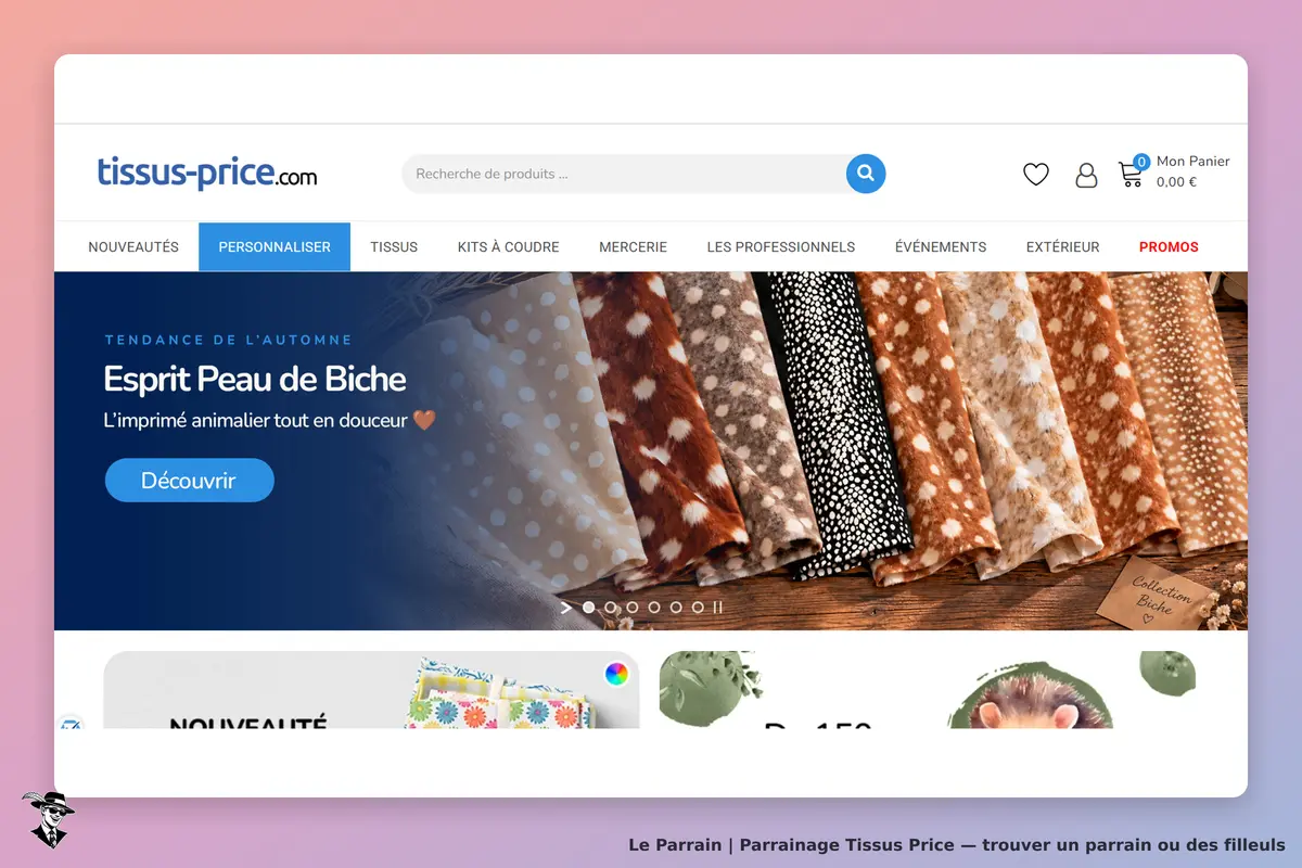 Tissus Price : page d'accueil présentant des tissus à motifs et un bouton de découverte