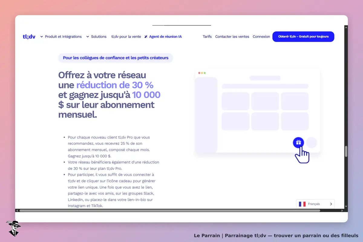 tl;dv : page d'accueil avec informations sur le parrainage et un bouton d'activation
