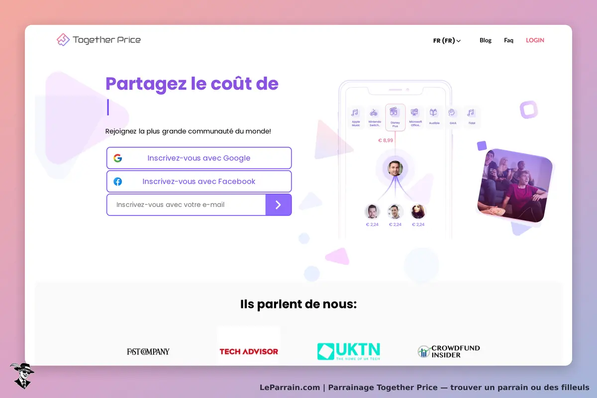 Together Price : page d'accueil avec options d'inscription et visuel de partage de coûts