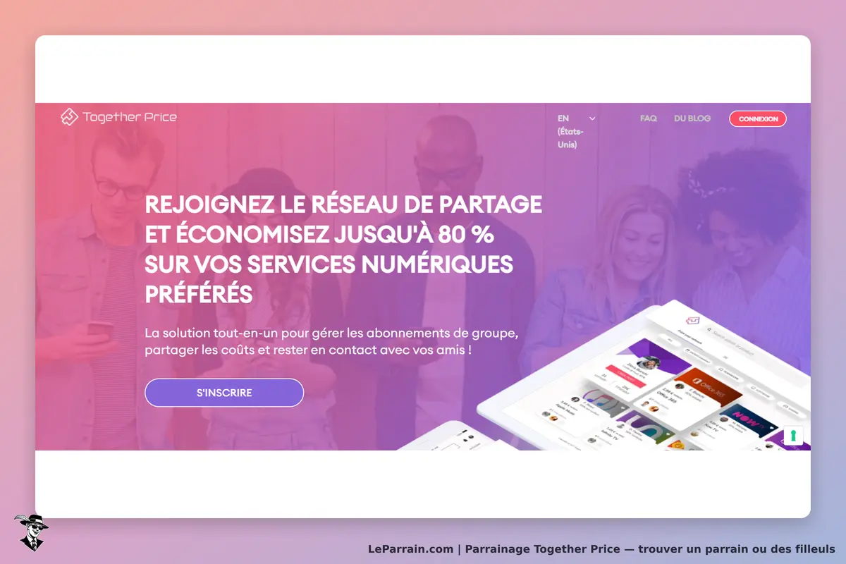 Together Price : page d'accueil avec un message d'invitation et un bouton d'inscription