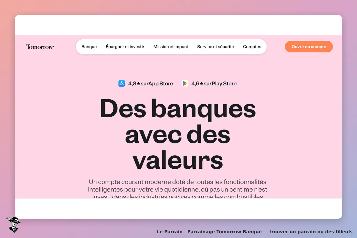 Tomorrow Banque : tomorrow : page d'accueil avec un message sur des banques éthiques et des