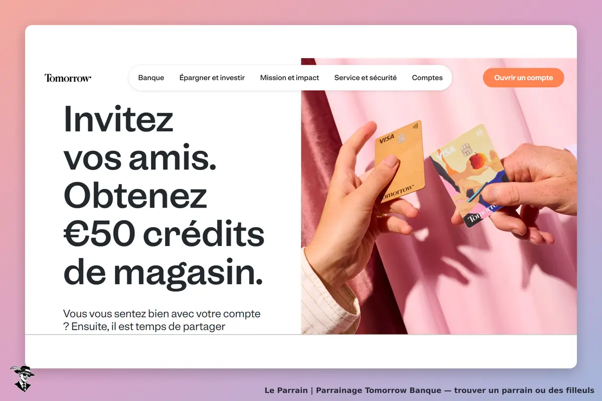 Tomorrow Banque : tomorrow : deux cartes de paiement tenues par des mains sur un fond rose. Texte