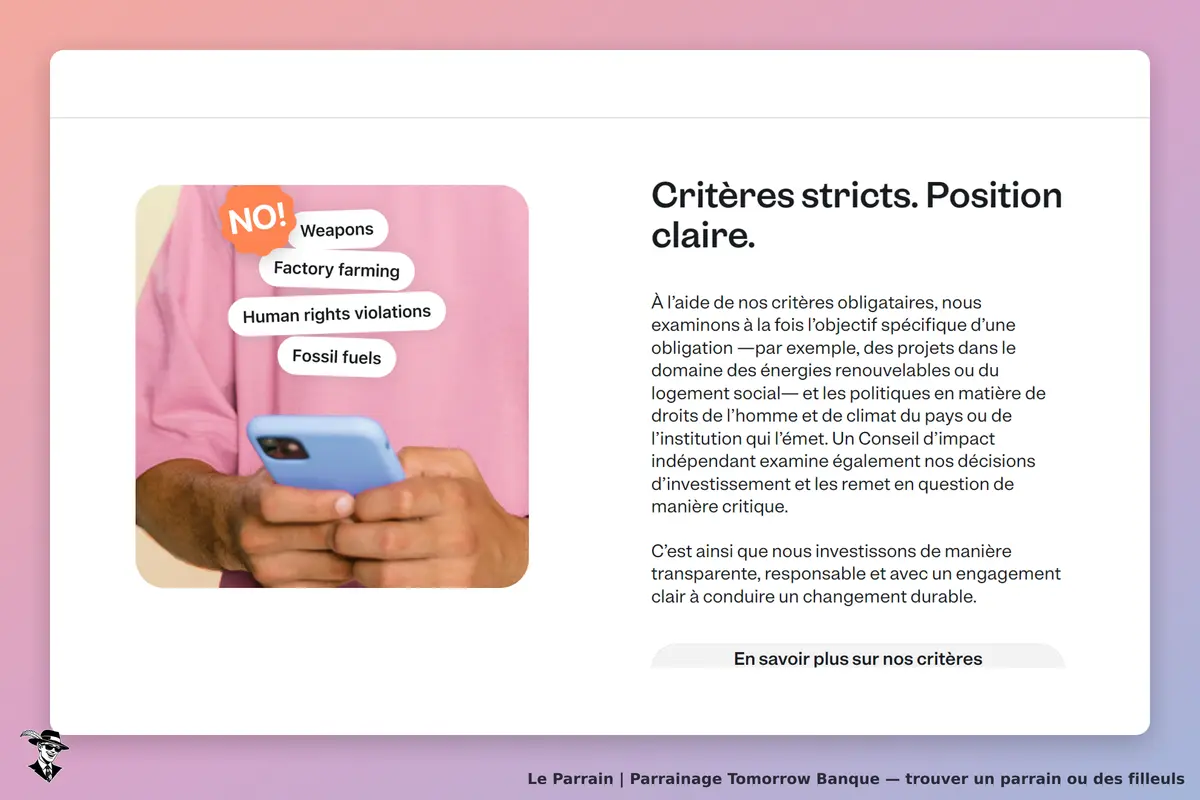 Tomorrow Banque : critères d'investissement avec des exemples d'exclusions et un texte explicatif