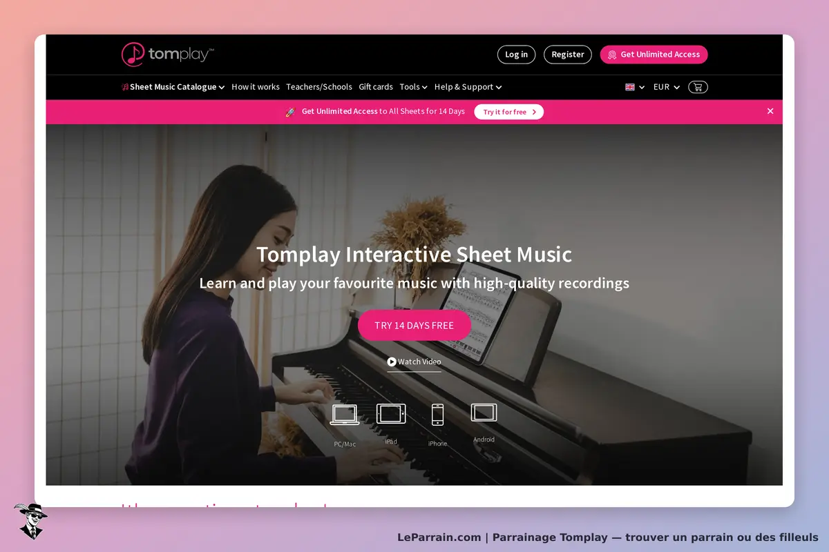 Tomplay : page d'accueil avec une pianiste et des informations sur la musique interactive