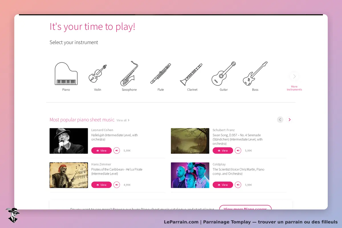 Tomplay : sélection d'instruments de musique et liste de partitions populaires