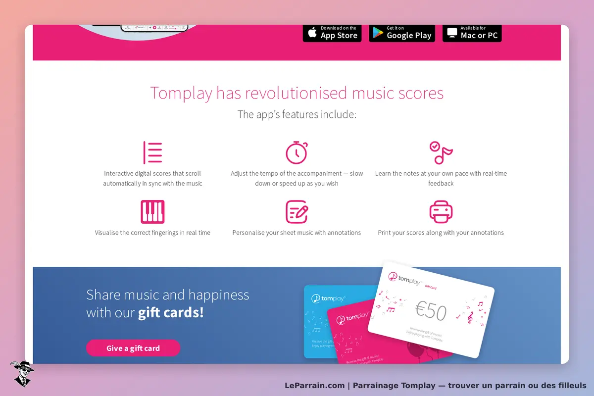 Tomplay : page d'accueil présentant les fonctionnalités de l'application et des cartes cadeaux