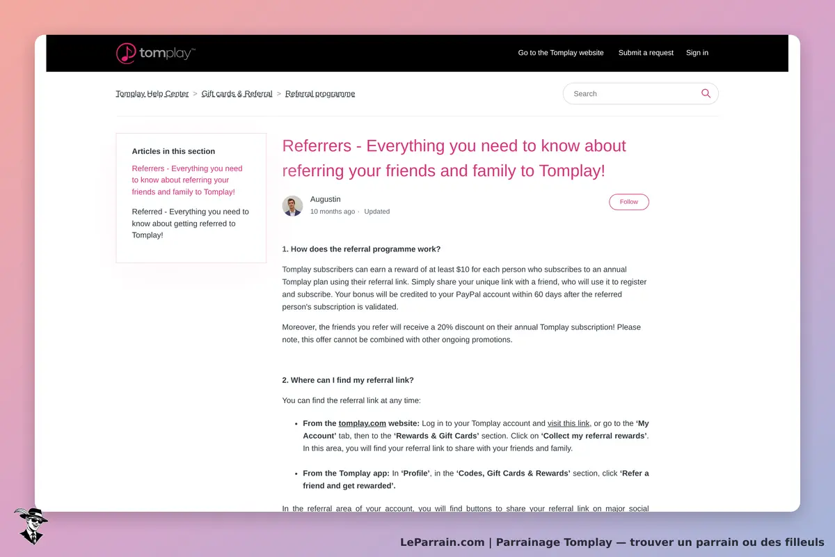 Tomplay : page d'informations sur le programme de parrainage avec instructions et conseils
