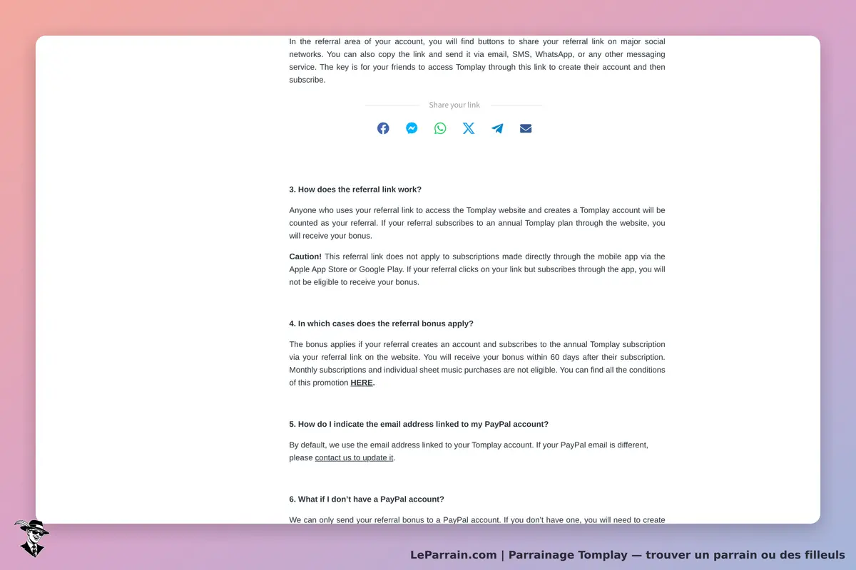 Tomplay : section d'informations sur le programme de parrainage et partage de lien