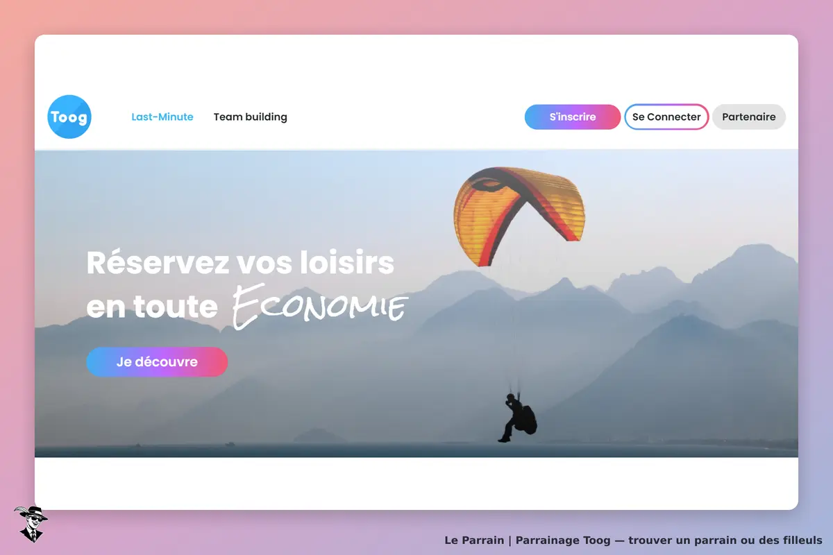 Toog : page d'accueil avec un parapentiste sur fond de montagnes et un bouton pour découvrir