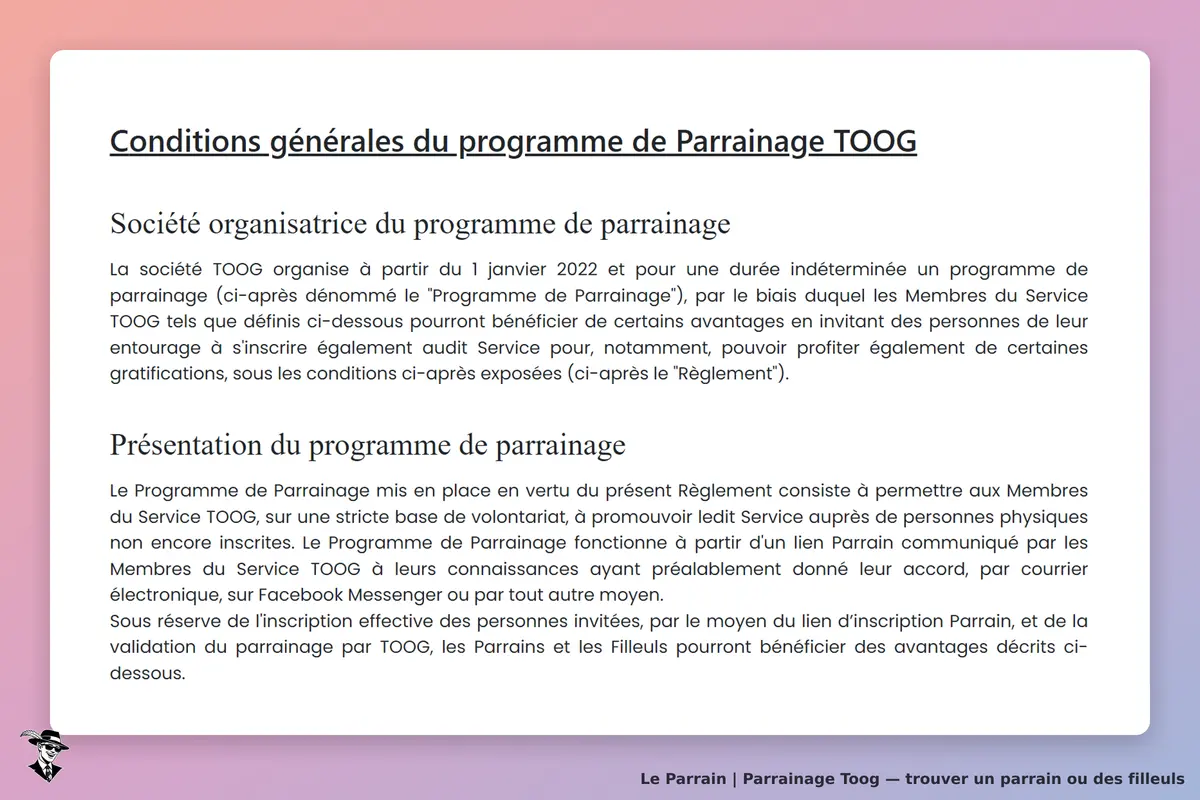 Toog : conditions générales du programme de parrainage et présentation du service proposé