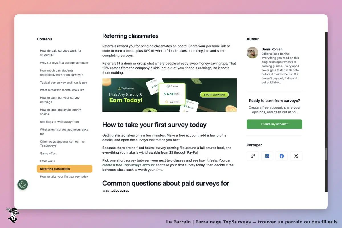 Article public officiel TopSurveys : invitation par lien ou code, 10 % des gains des amis financés par l’entreprise et non déduits du filleul. Les exemples en dollars illustrent l’article et ne constituent pas une prime garantie.