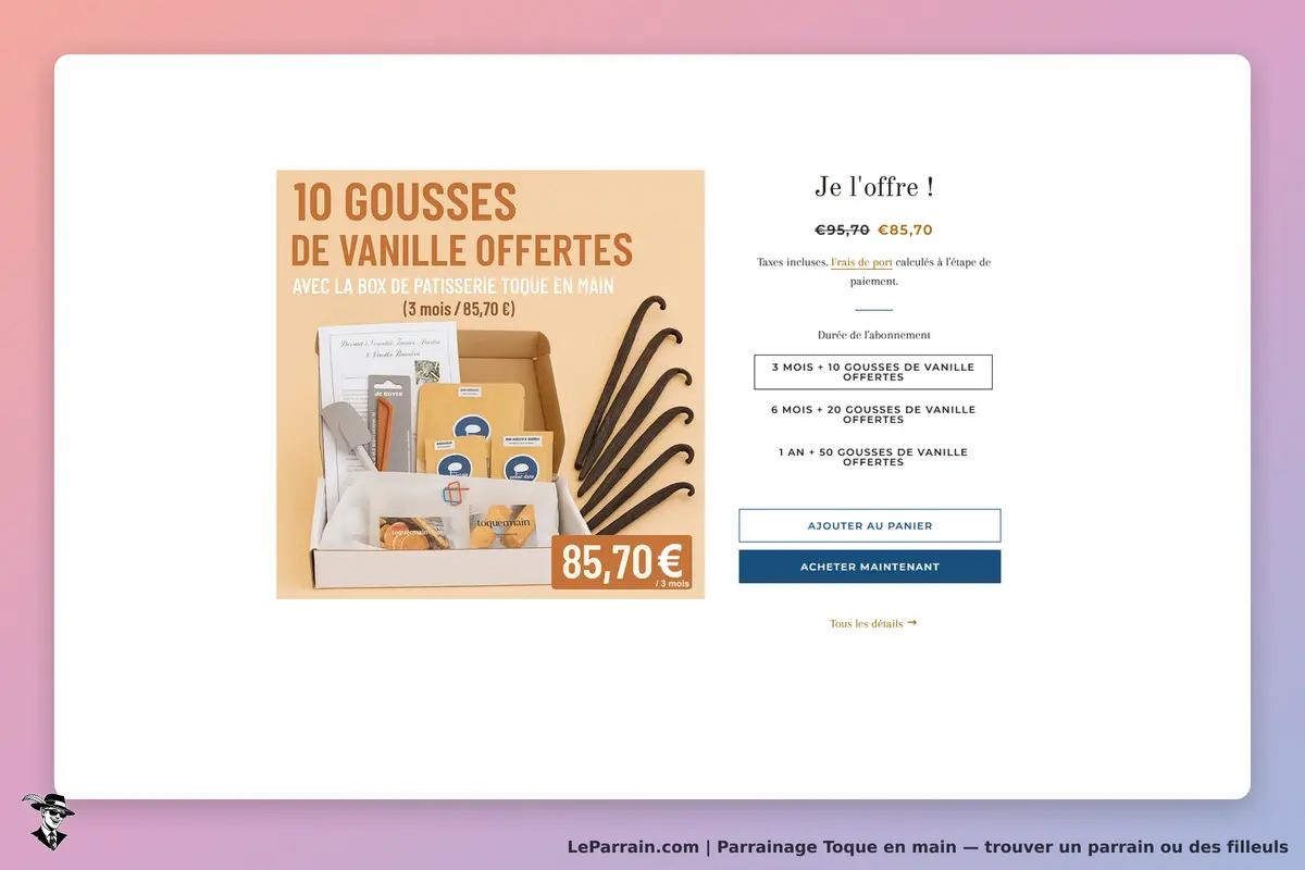 Toque en main : présentation d'une box de pâtisserie avec gousses de vanille et options