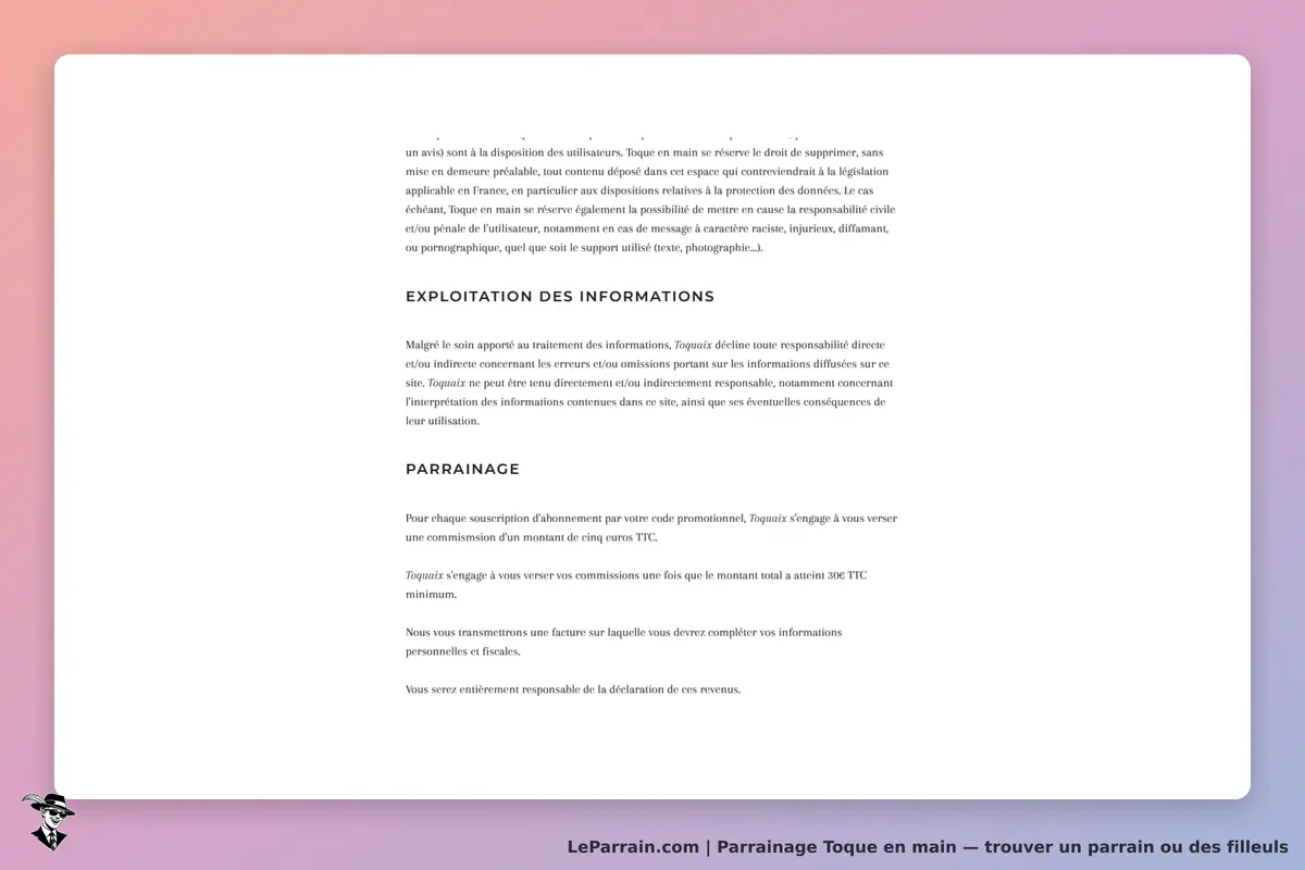 Toque en main : texte explicatif sur l'exploitation des informations et le parrainage