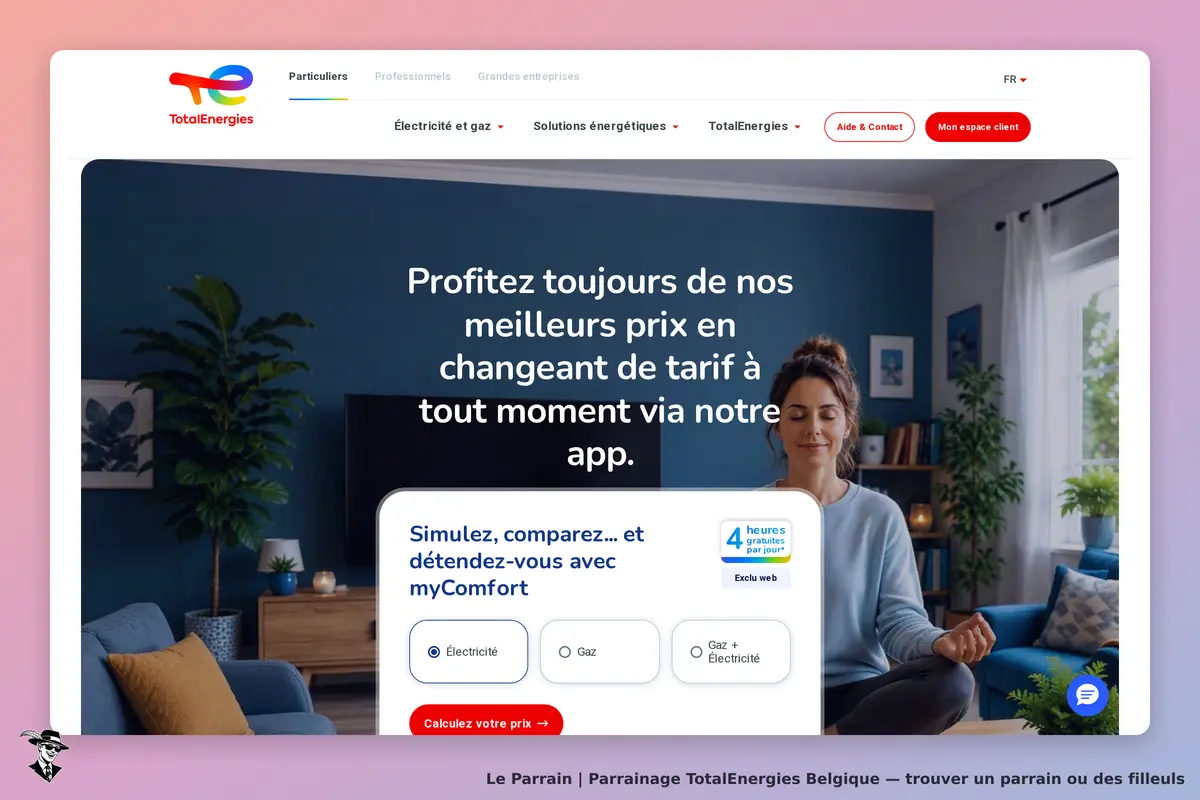 TotalEnergies Belgique : totalEnergies : page d'accueil avec une femme méditant et un formulaire