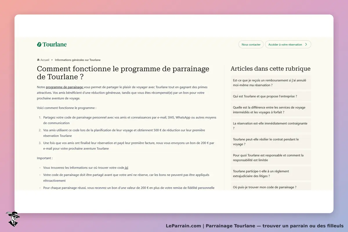 Tourlane : explication du programme de parrainage et articles associés sur la page d'accueil