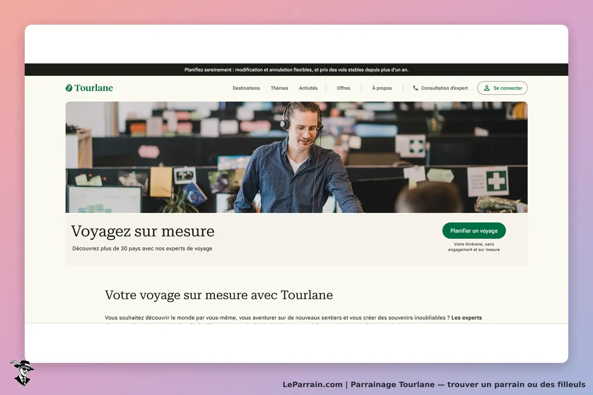 Tourlane : page d'accueil avec un conseiller en voyage et un formulaire de planification