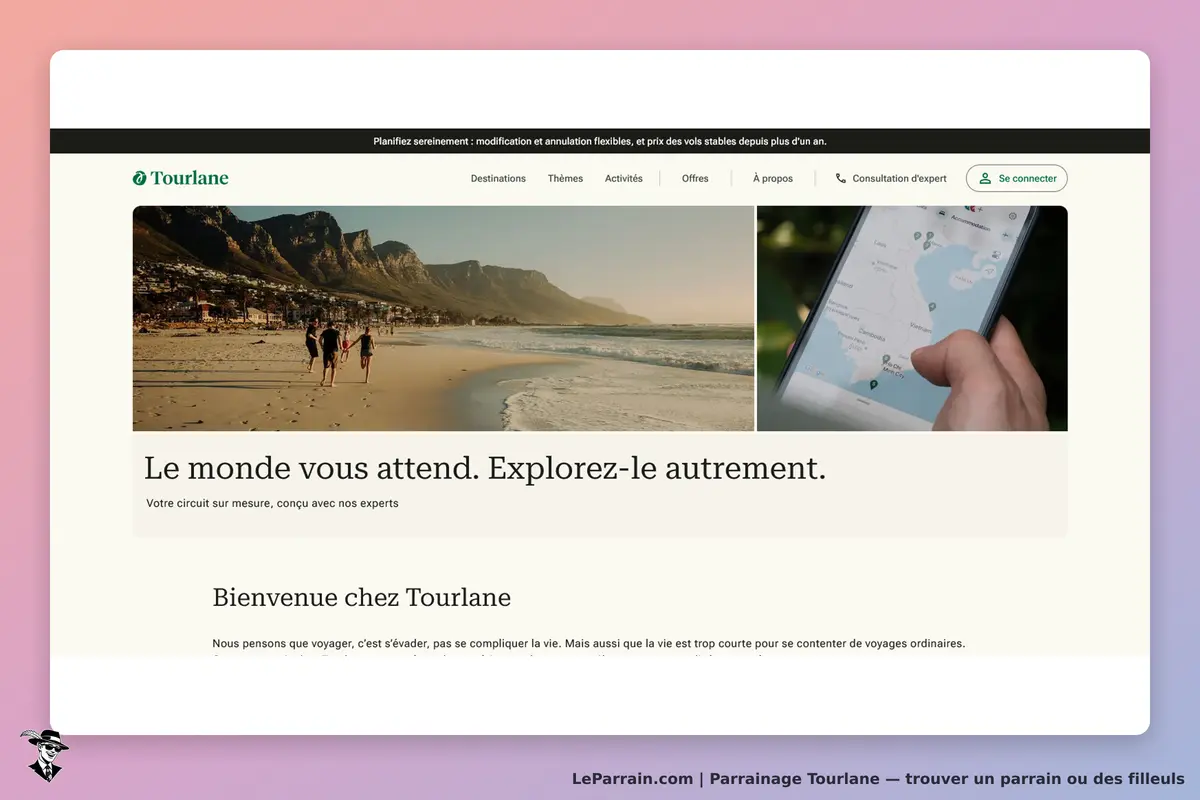 Tourlane : page d'accueil avec un paysage côtier et un message d'accueil sur le voyage