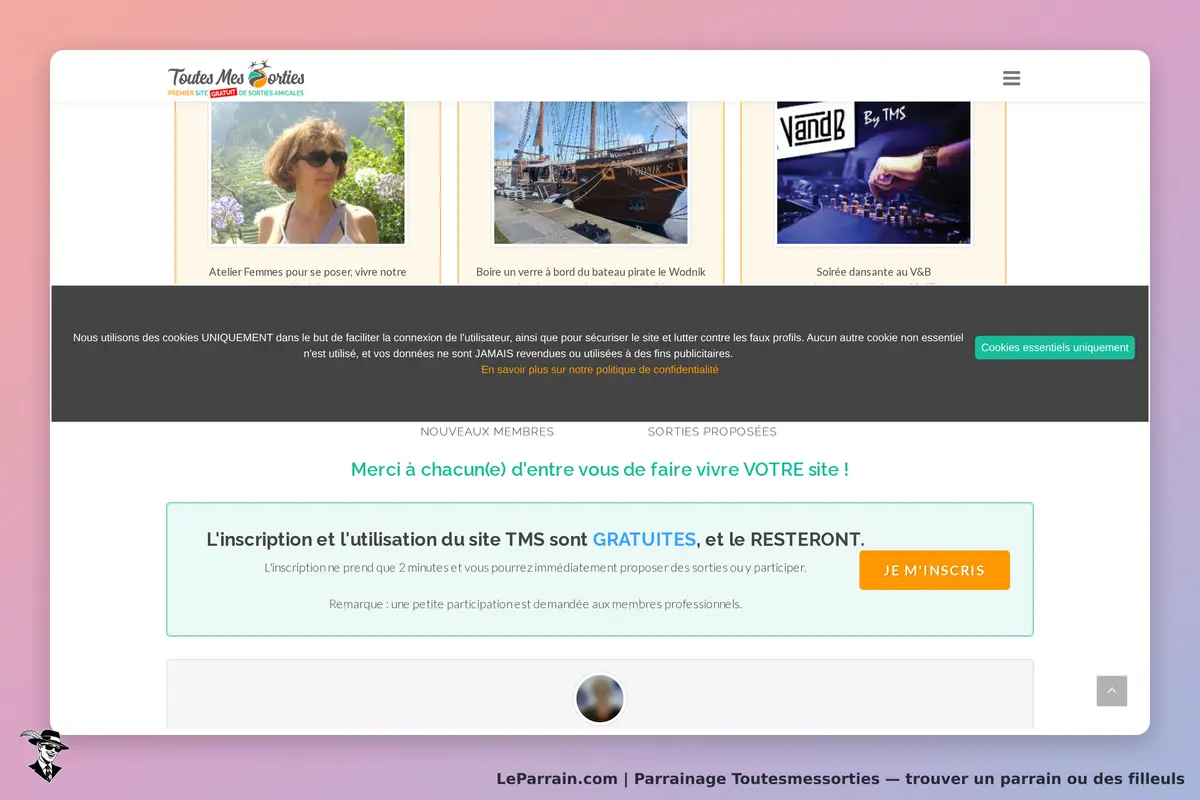 Toutesmessorties : page d'accueil avec activités proposées et message d'inscription visible