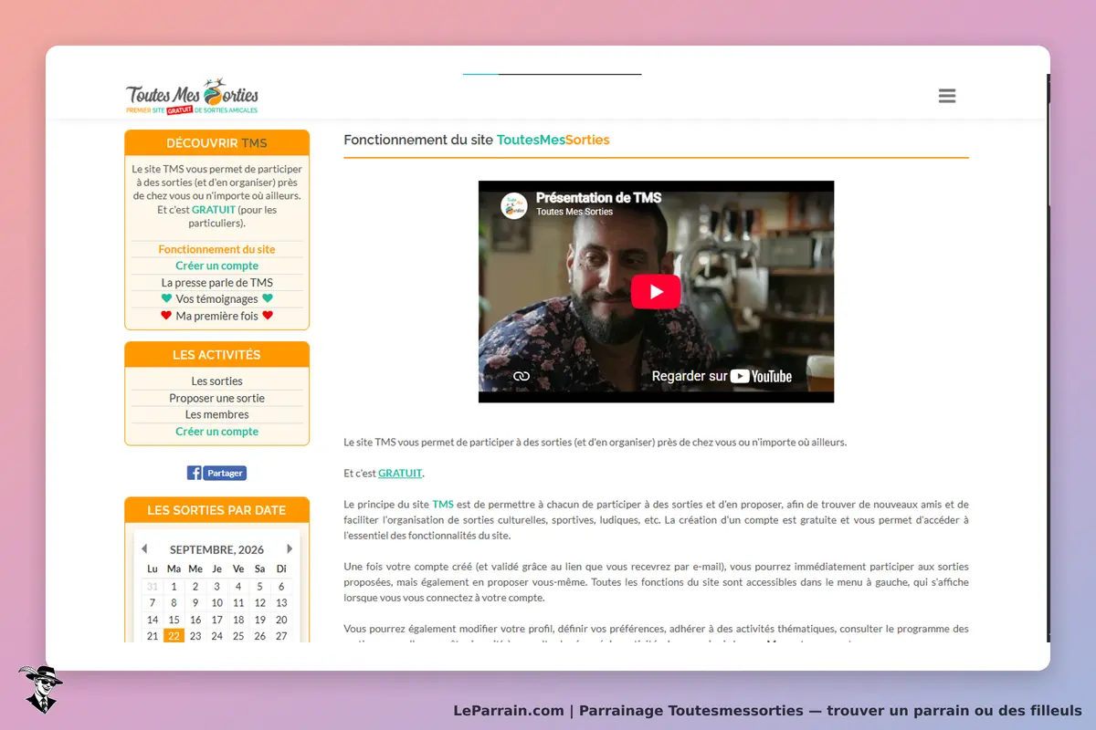 Toutesmessorties : page d'accueil présentant le fonctionnement du site et une vidéo explicative