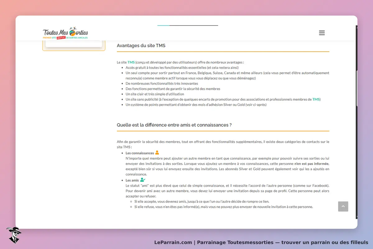 Toutesmessorties : page présentant les avantages du site et la différence entre amis et