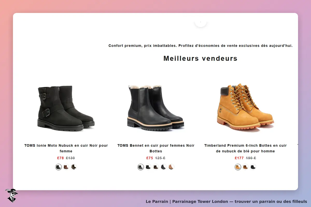Tower London : trois modèles de bottes affichés avec descriptions et prix sur la page d'accueil