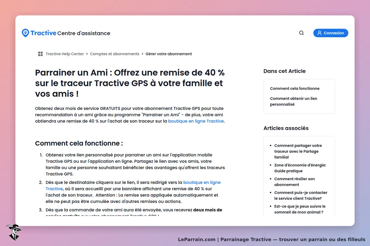 Tractive : page d'assistance sur le parrainage d'amis pour le traceur GPS