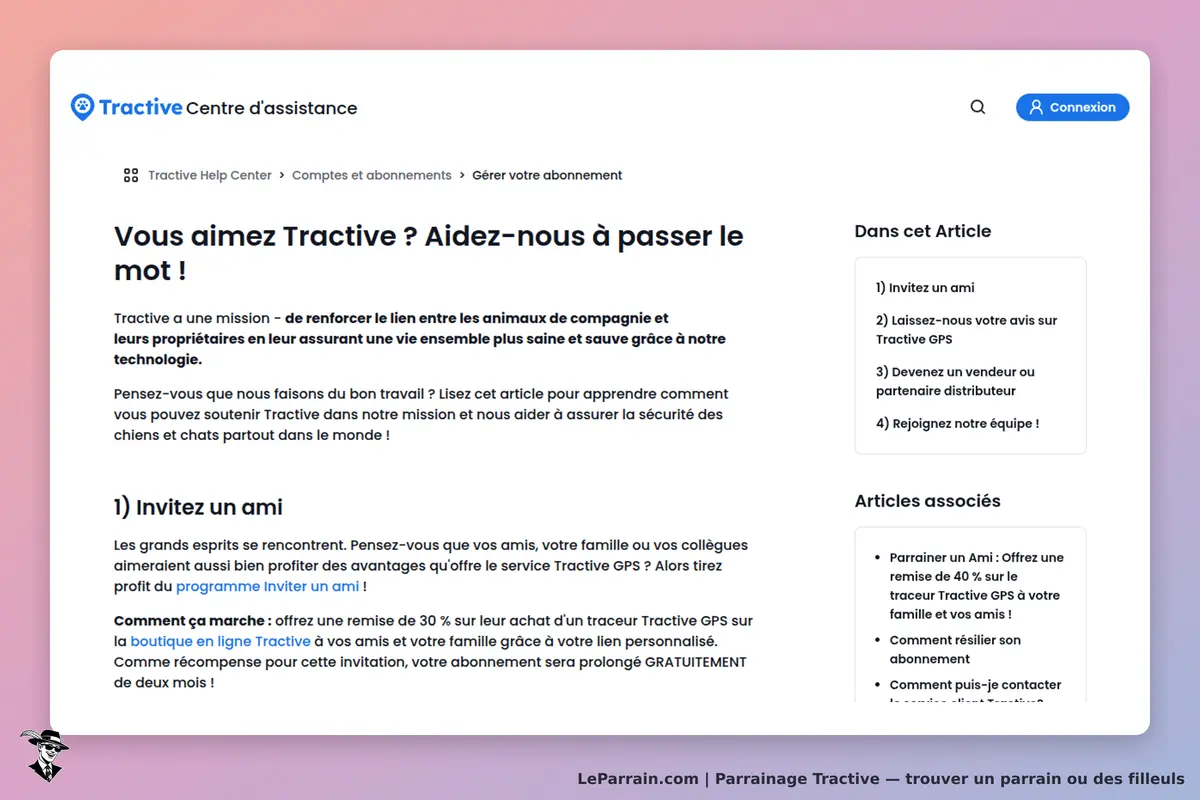 Tractive : centre d'assistance avec des informations sur le parrainage et des liens associés