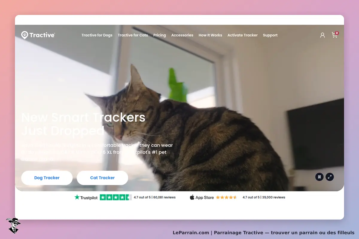 Tractive : page d'accueil avec un chat et des boutons pour tracker chien et chat