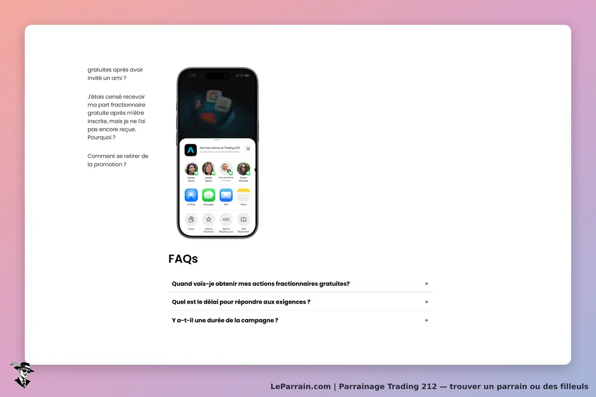 Trading 212 : écran de FAQ avec questions sur les actions fractionnaires et un smartphone affiché