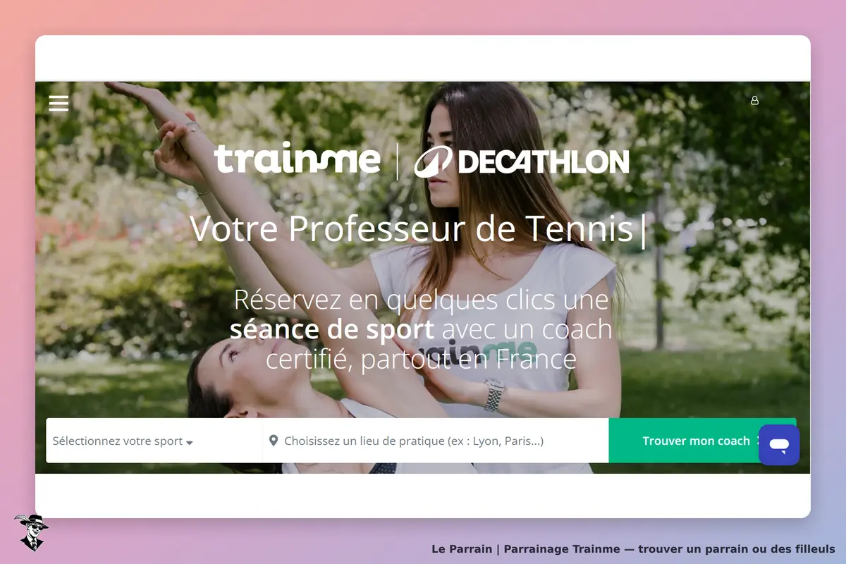 Trainme : page d'accueil avec option de réservation pour un professeur de tennis