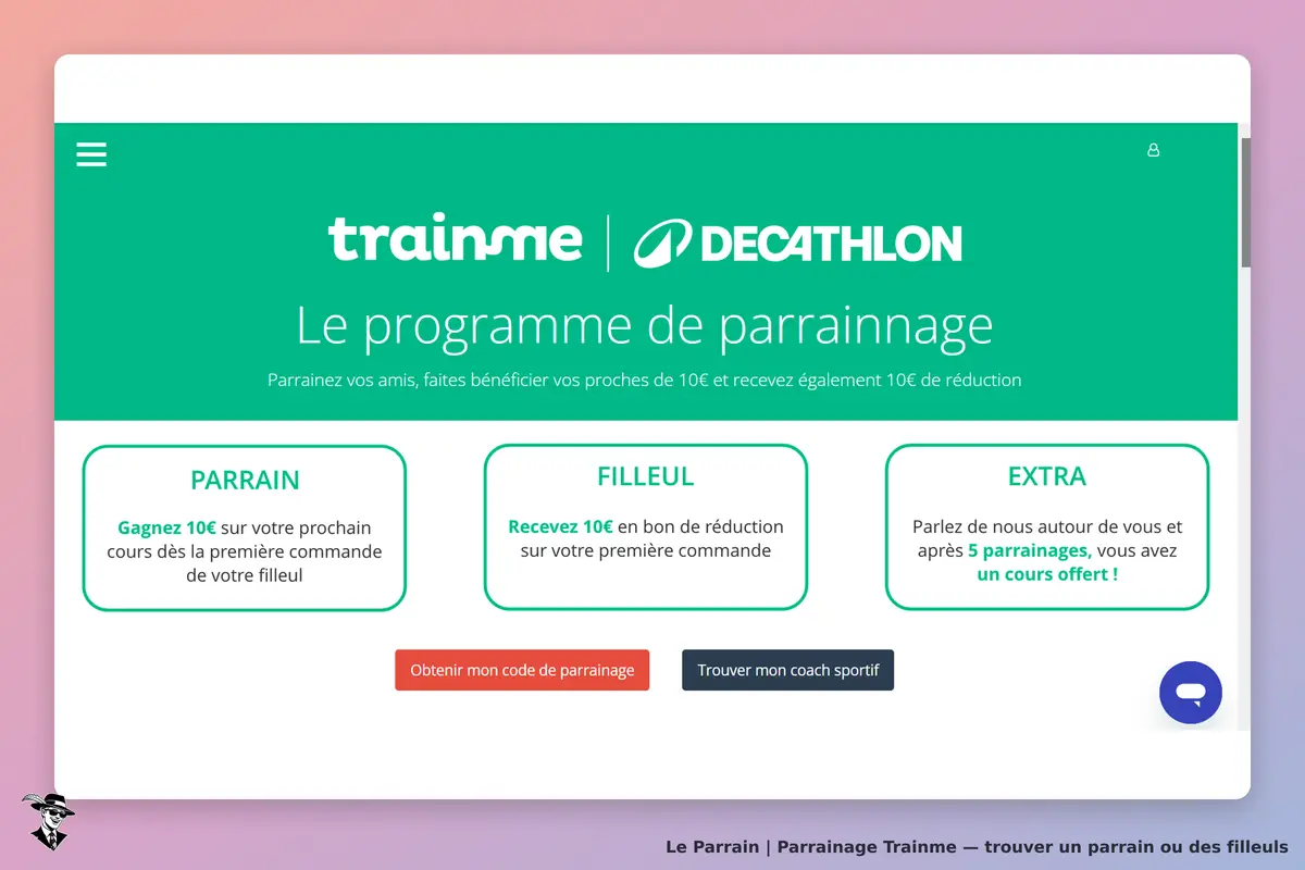 Trainme : page d'accueil du programme de parrainage avec options et boutons d'action