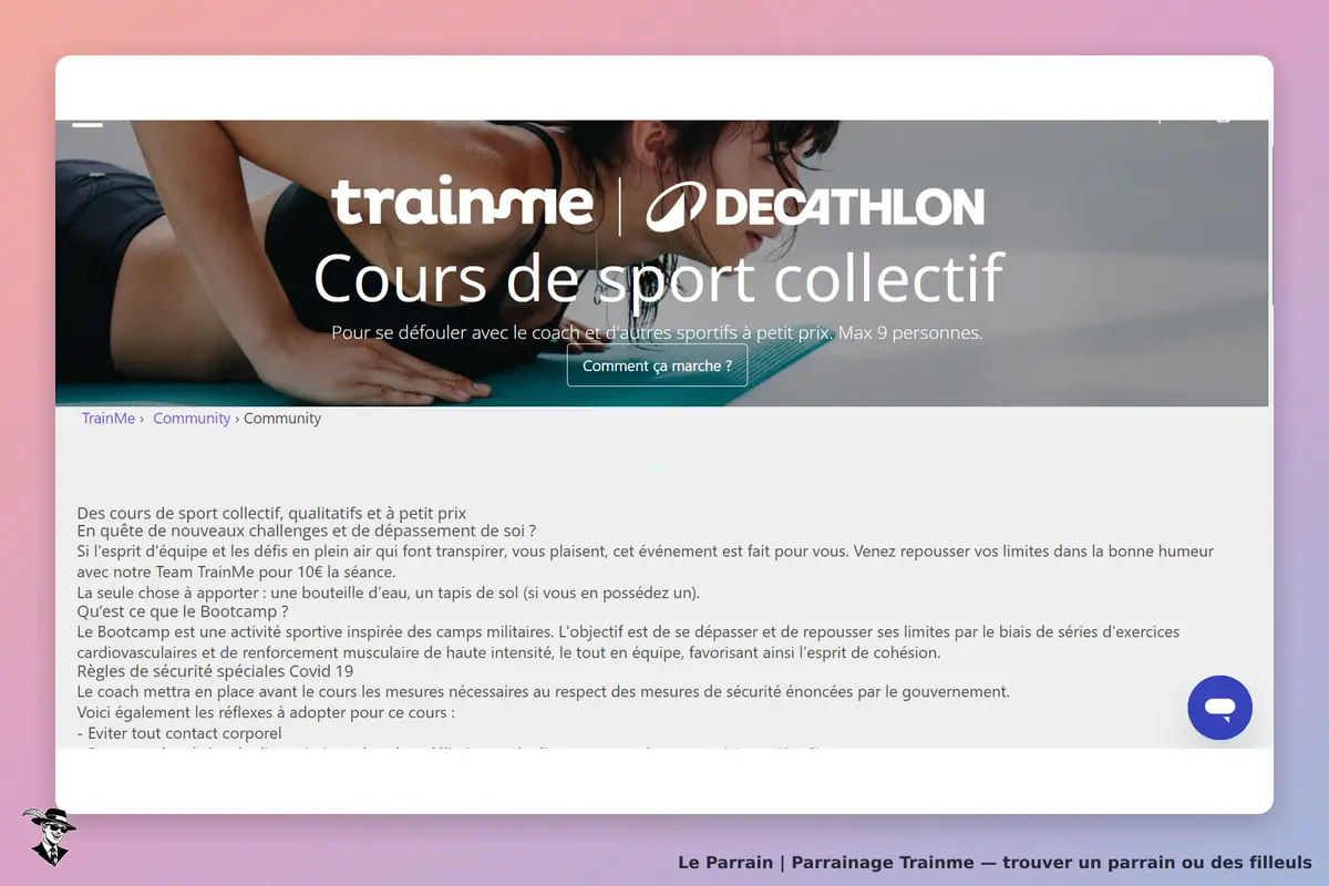 Trainme : page d'accueil présentant des cours de sport collectif avec un visuel d'activité sportive