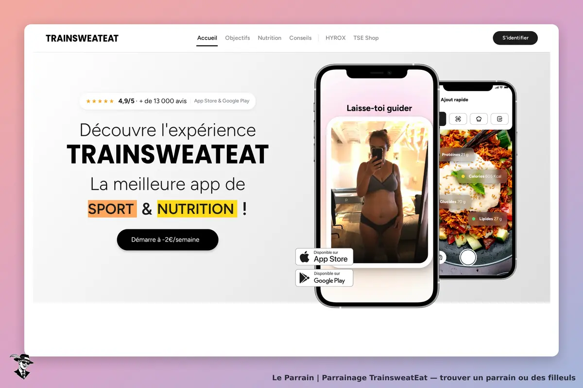 Trainsweateat : page d'accueil avec une présentation de l'application et des images de repas