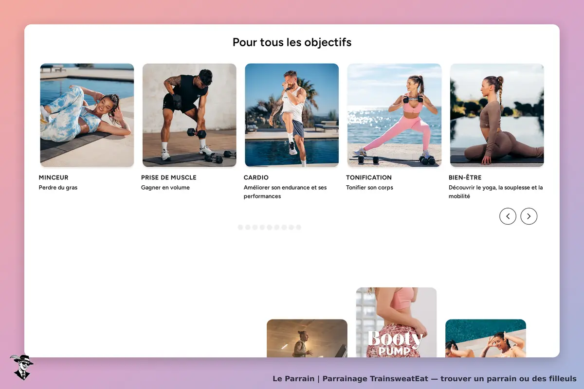TrainsweatEat : section d'objectifs de fitness avec images et descriptions des activités proposées