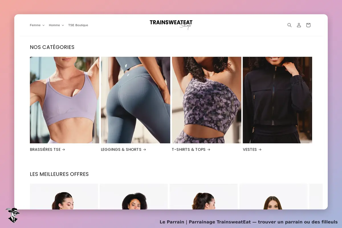 TrainsweatEat : catégories de vêtements de sport avec images de modèles en tenue active