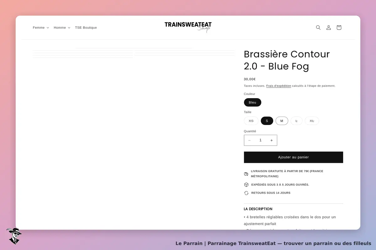 TrainsweatEat : page produit pour une brassière avec options de couleur, taille et quantité