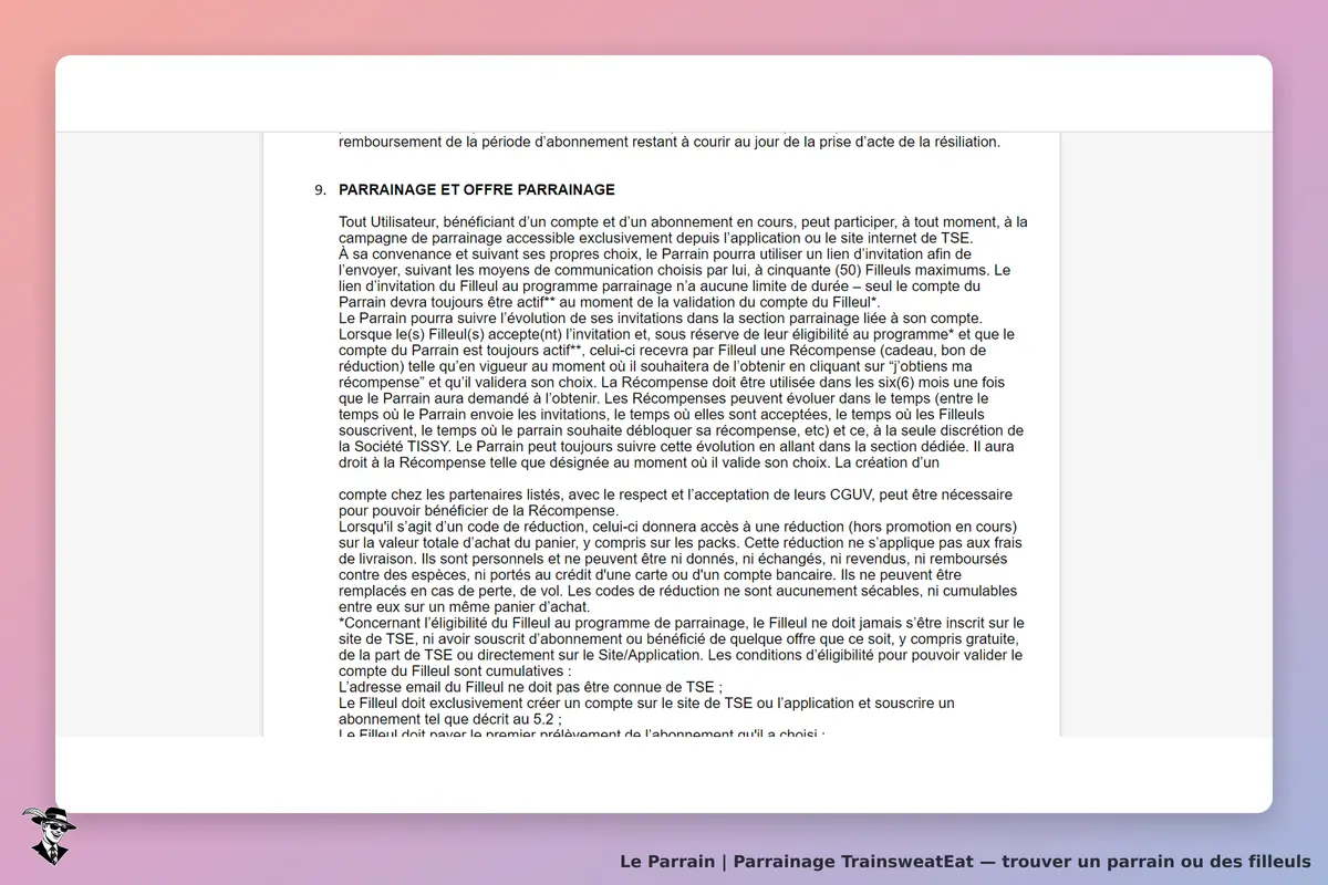 TrainsweatEat : texte explicatif sur le parrainage et les conditions d'éligibilité