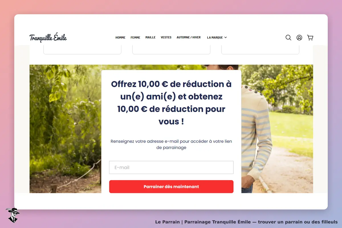 Tranquille Émile : page d'accueil avec formulaire de parrainage et image d'un homme en extérieur