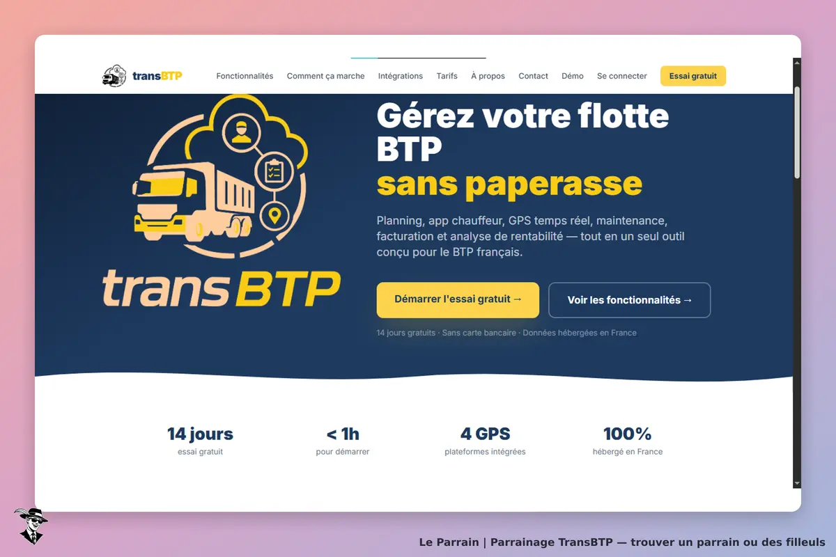 TransBTP : page d'accueil avec logo, slogan et boutons pour démarrer un essai gratuit