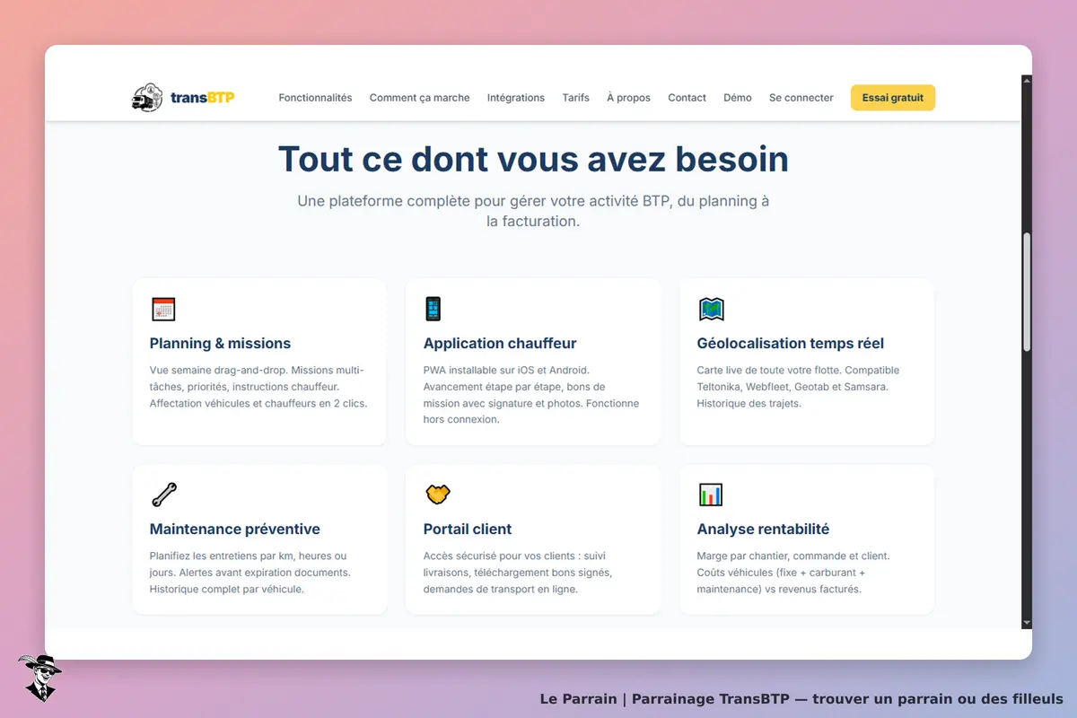 TransBTP : page d'accueil présentant les fonctionnalités de gestion pour le secteur BTP