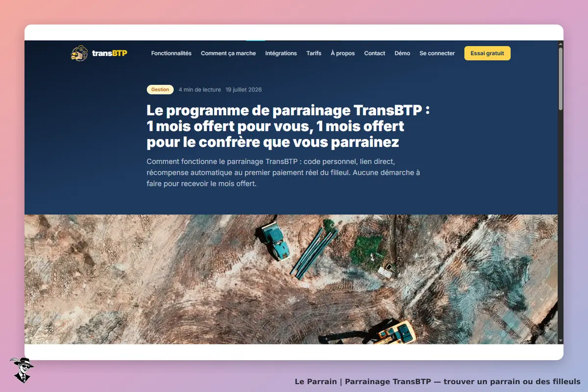 TransBTP : page d'accueil présentant le programme de parrainage avec un visuel de chantier