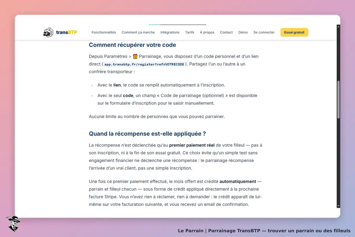 TransBTP : explications sur la récupération du code de parrainage et les conditions de récompense