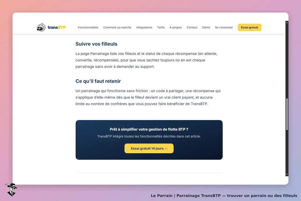 TransBTP : page d'accueil avec informations sur le parrainage et bouton d'essai gratuit