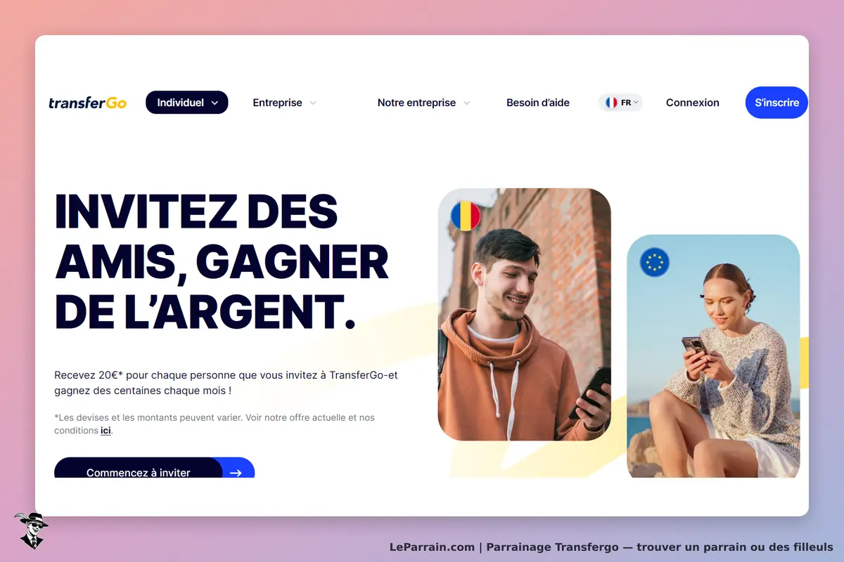 TransferGo : page d'accueil présentant un programme de parrainage avec deux utilisateurs