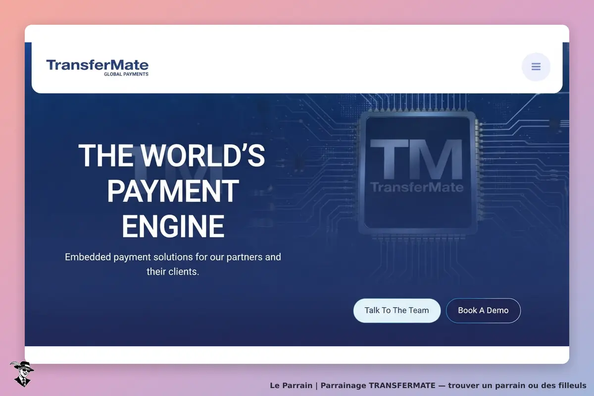 TransferMate : page d'accueil avec le logo, un slogan et des boutons d'action